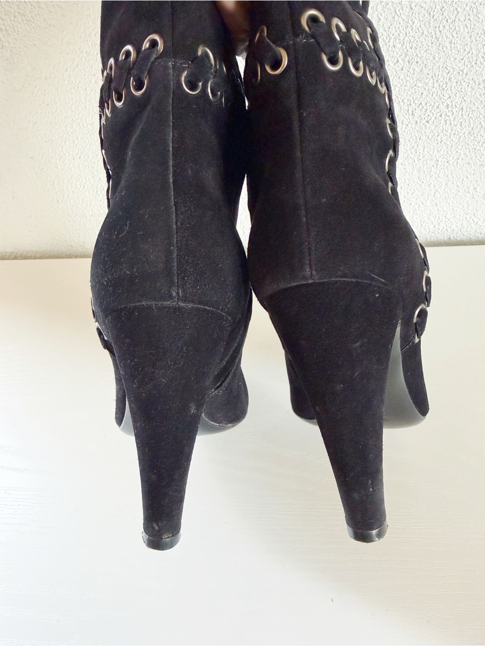Prada Black Suede Whipstitch Eyelet Knee High Heeled Boots EU 39 - Picture 9 of 11